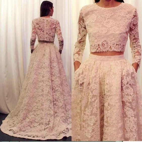 Élégant dentelle manches longues modeste deux pièces mariée se sépare avec poches