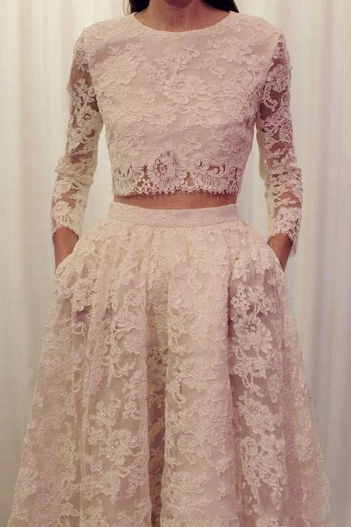 Élégant dentelle manches longues modeste deux pièces mariée se sépare avec poches