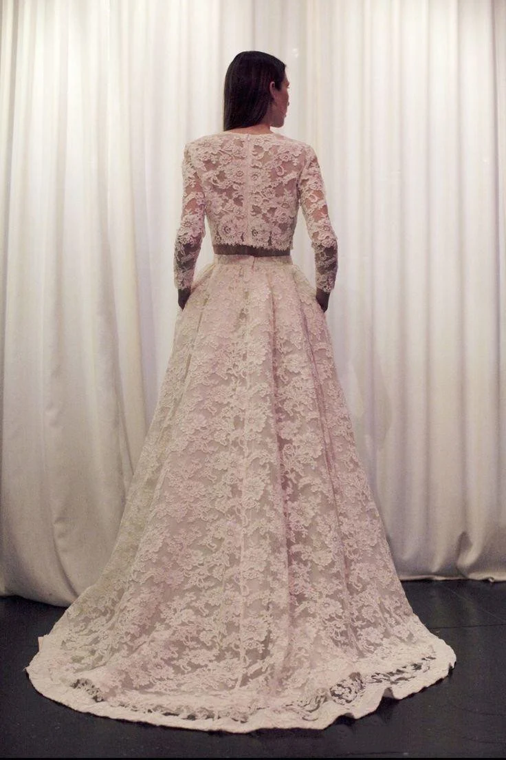 Élégant dentelle manches longues modeste deux pièces mariée se sépare avec poches