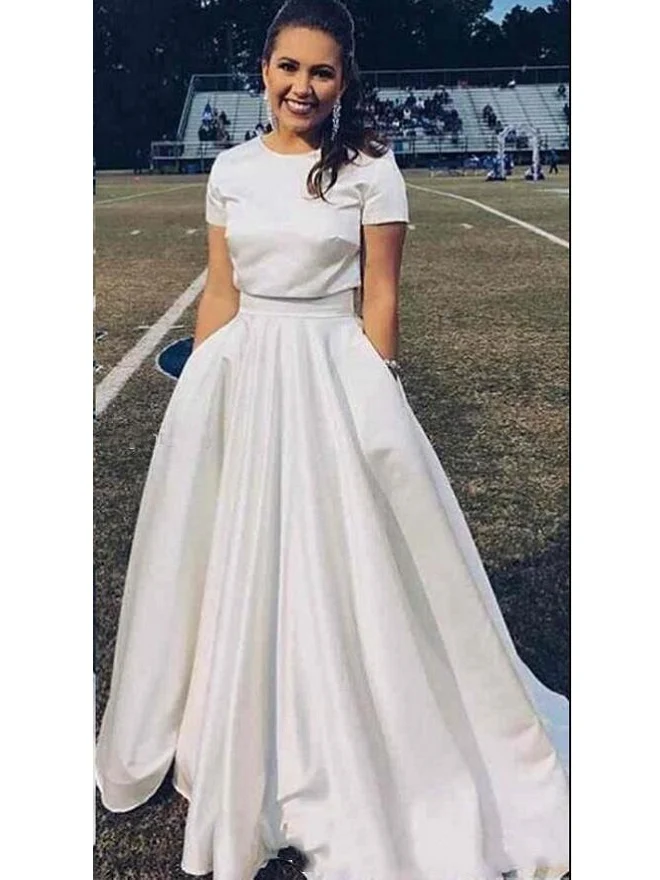 Robe de mariée deux pièces modeste à manches courtes et haut court avec poches 20082678
