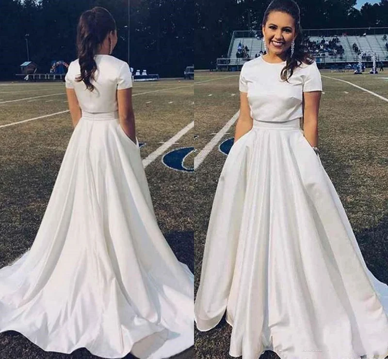 Robe de mariée deux pièces modeste à manches courtes et haut court avec poches 20082678
