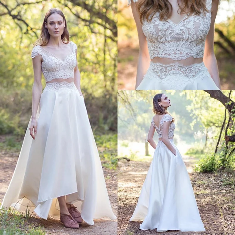 Robe de mariée deux pièces élégante en dentelle avec manches courtes | Séparations de mariée trapèze