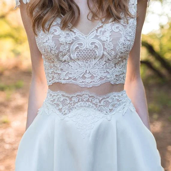 Robe de mariée deux pièces élégante en dentelle avec manches courtes | Séparations de mariée trapèze