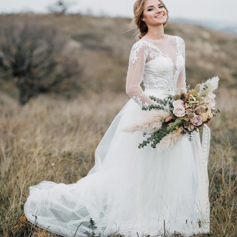 Robe de mariée rustique moderne à manches longues en dentelle, haut court, séparations de mariée avec jupe en Tulle