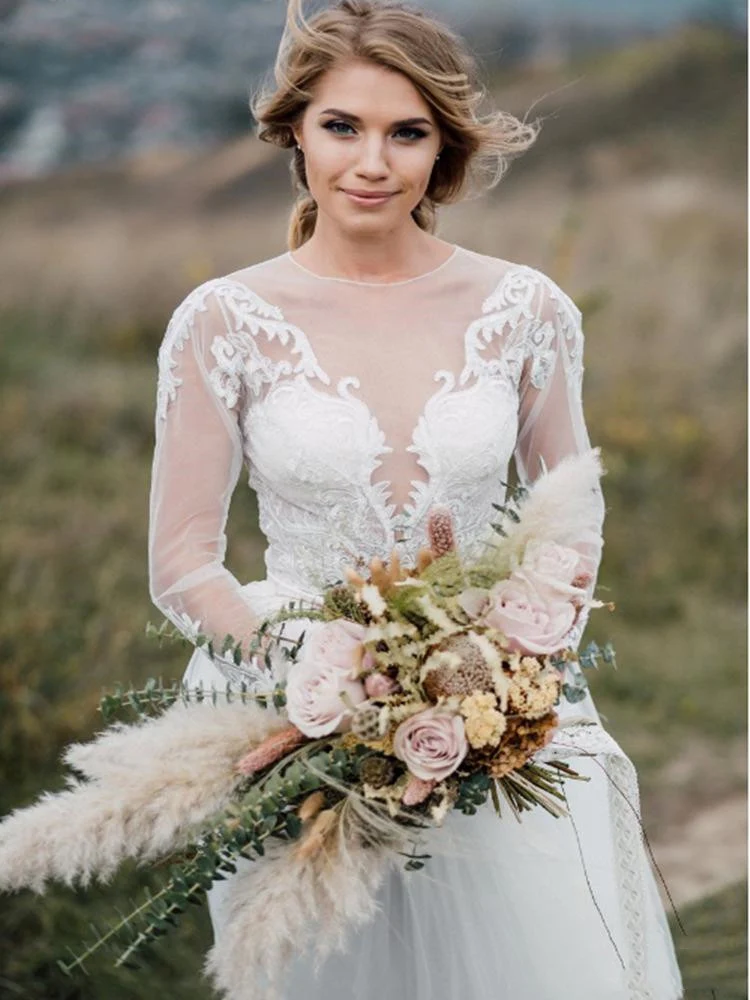 Robe de mariée rustique moderne à manches longues en dentelle, haut court, séparations de mariée avec jupe en Tulle