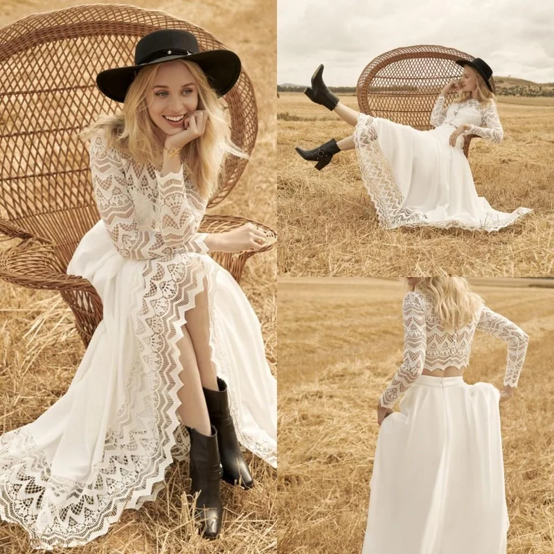 Robe de mariée en dentelle fluide en deux pièces de style campagnard unique, séparations de mariée Boho