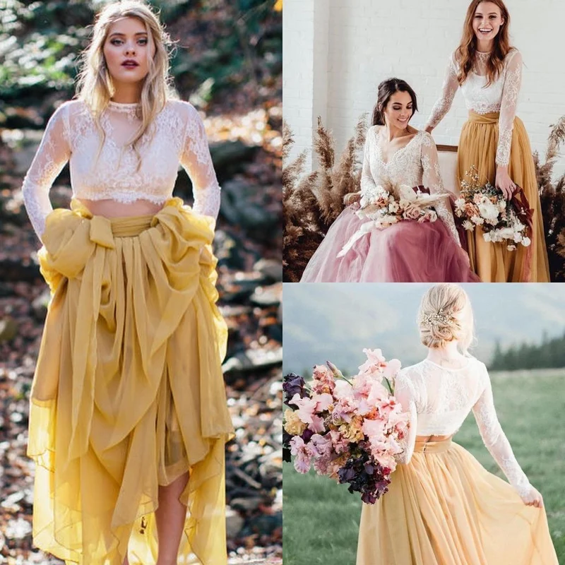 Ensemble de mariée bohème à manches longues et col haut avec jupe séparée jaune