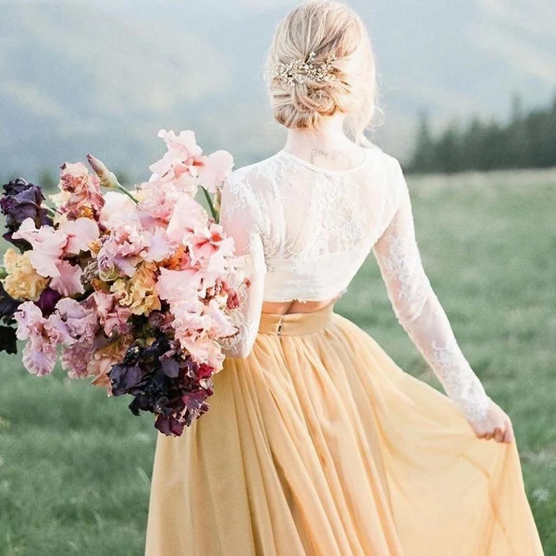 Ensemble de mariée bohème à manches longues et col haut avec jupe séparée jaune