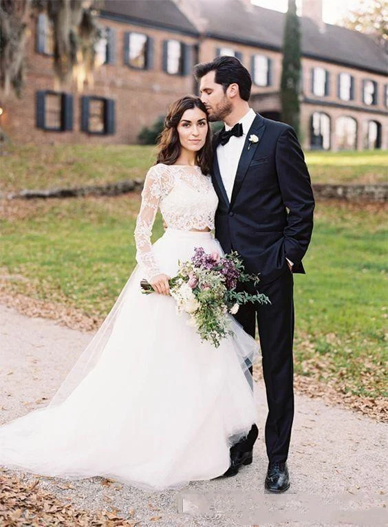 Haut court féerique en dentelle à manches longues, séparation de mariée avec jupe en tulle
