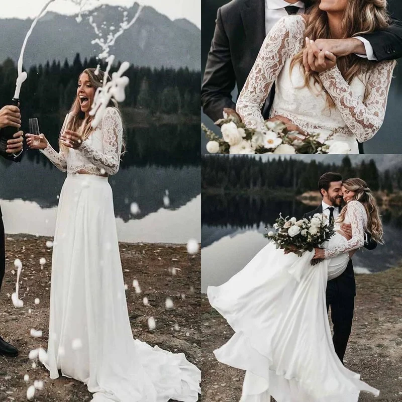 Haut en dentelle à manches longues pour séparation de mariée | Robe de mariée deux pièces abordable avec jupe en mousseline