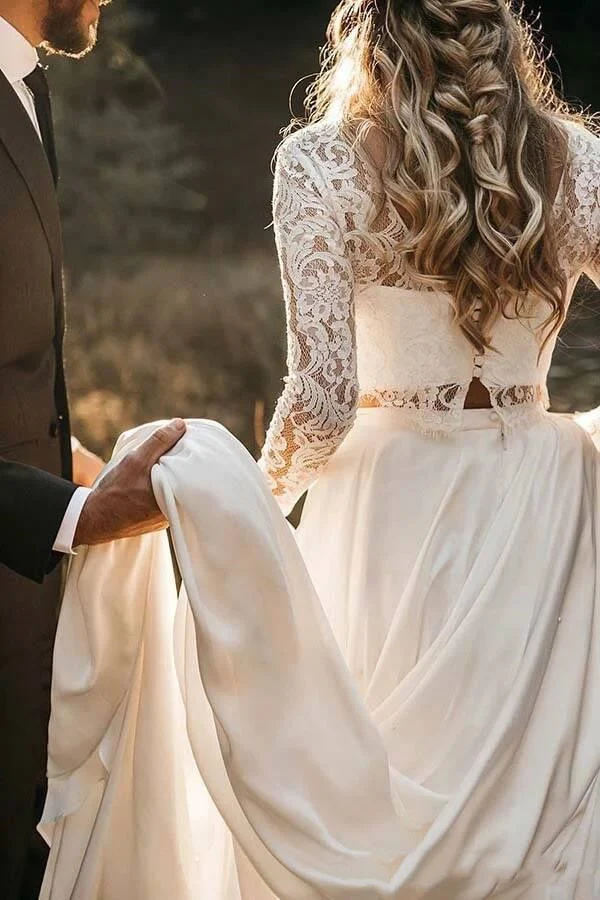 Haut en dentelle à manches longues pour séparation de mariée | Robe de mariée deux pièces abordable avec jupe en mousseline
