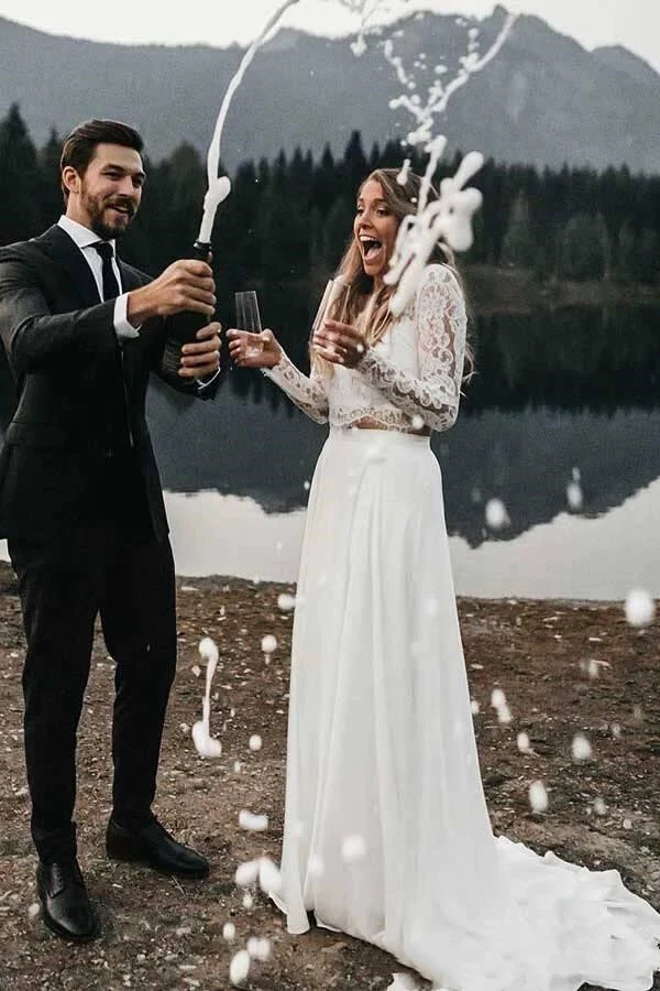 Haut en dentelle à manches longues pour séparation de mariée | Robe de mariée deux pièces abordable avec jupe en mousseline