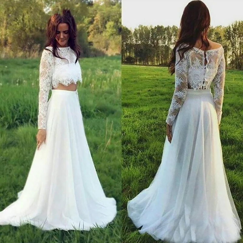 Robe de mariée deux pièces avec haut en dentelle et col haut, manches longues, séparations de mariée avec jupe en tulle