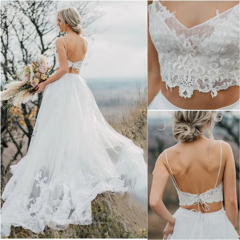 Robe de mariée haut court sexy à bretelles spaghetti abordable | Séparations de mariée romantiques