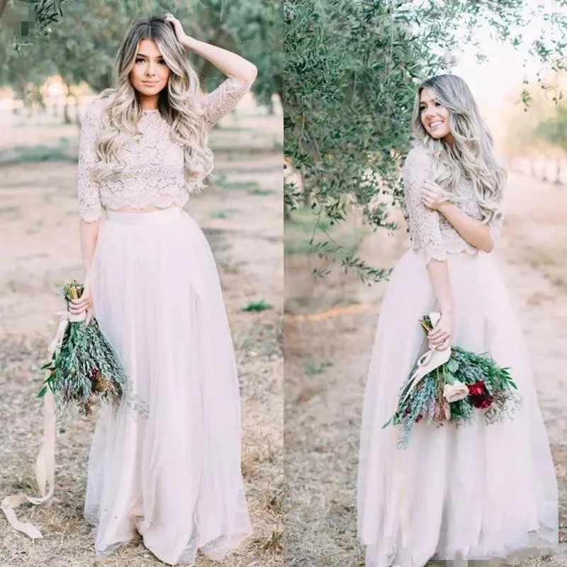 Robe de mariée crop top en dentelle rustique à manches longues | Ensembles de mariée avec jupe en tulle