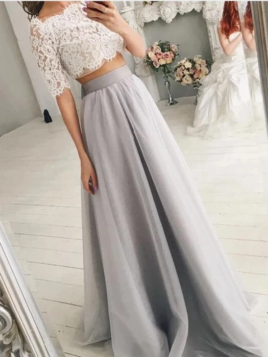 Haut court en dentelle à épaules dénudées, séparation de mariée tendance avec jupe en tulle gris, 20082556