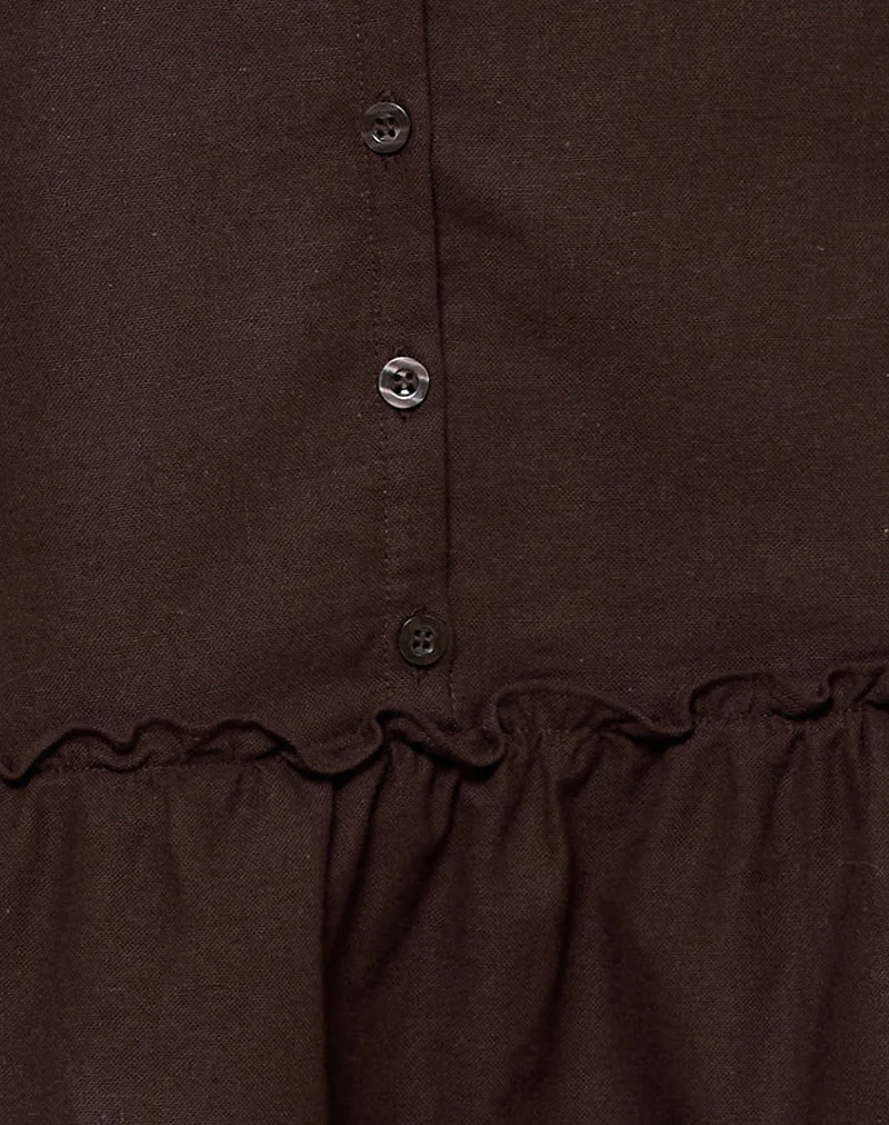 Mailina Linen Button Up Mini Dress in Chocolate Brown
