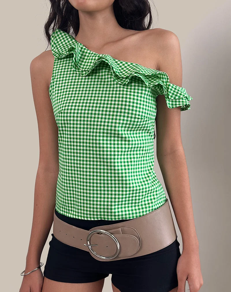 Sanamu Frill Top in Mini Gingham Green