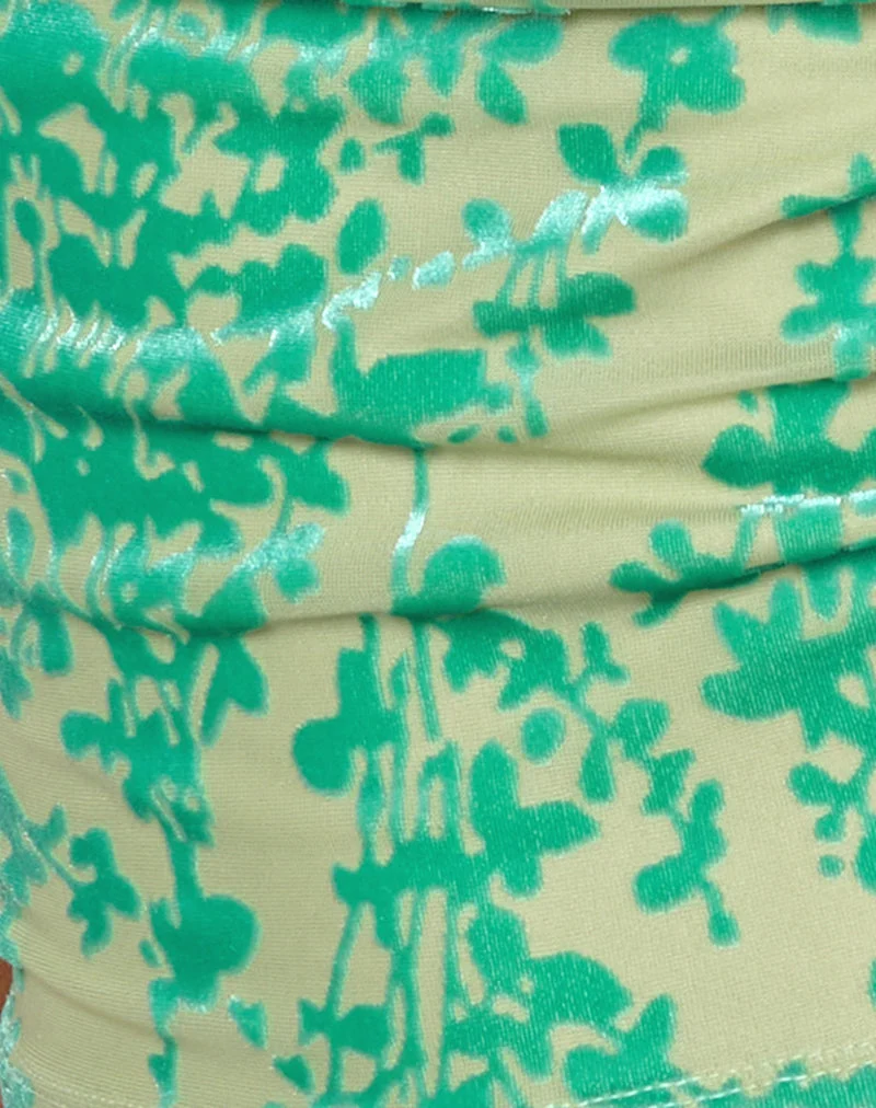 Top à col bénitier Minova en flocage floral vert et bleu