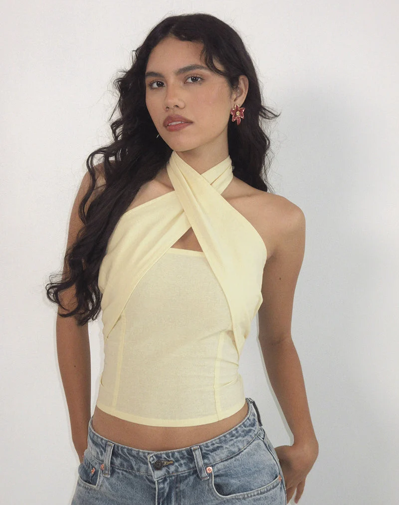 Lasy Linen Wrap Halterneck Top in Lemon