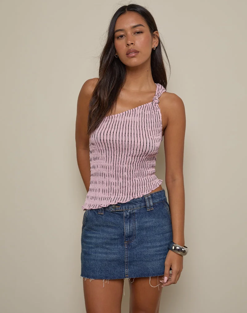 Idari One Shoulder Top in Stripe Textured Mesh Soft Pink (Top asymétrique en maille texturée rayée)
