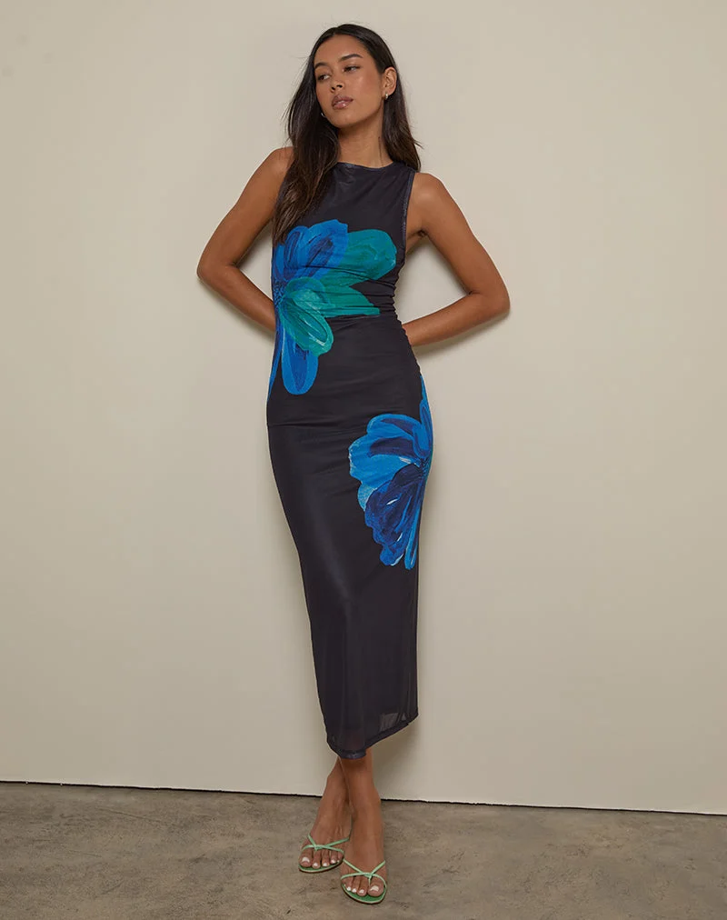 Robe longue imprimée Fayola, bleu fleur d'aquarelle
