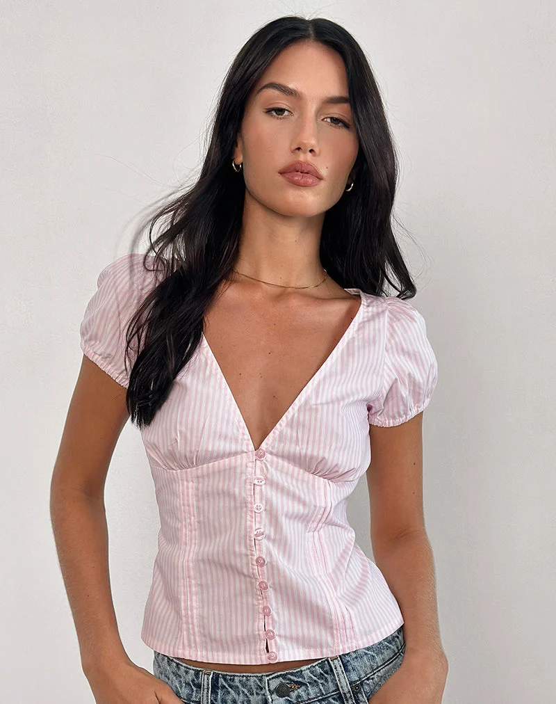 Top Inasha en rose bonbon à petites rayures verticales