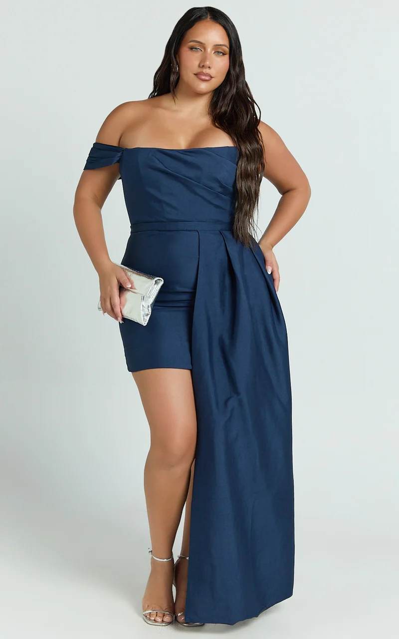 Stefania Mini Dress - Asymmetrical Removable Skirt Ruched Strapless Bodycon Dress in Navy