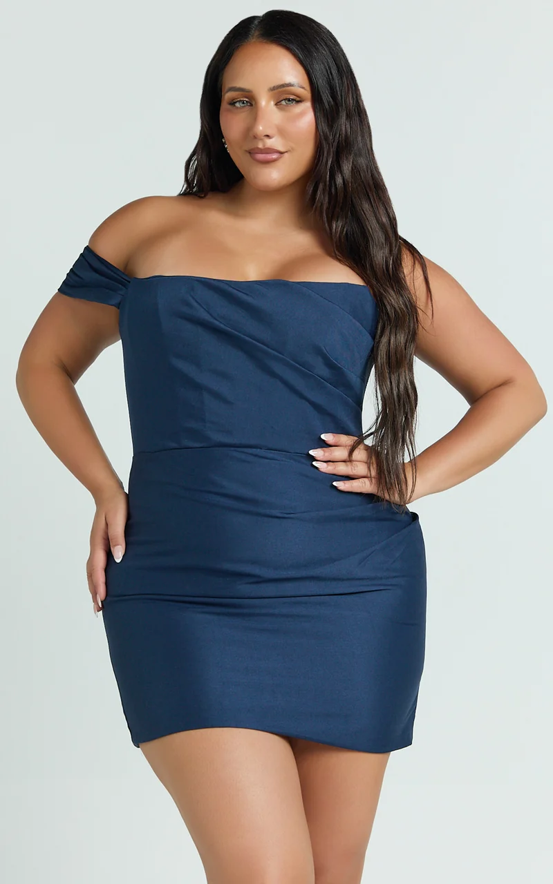 Stefania Mini Dress - Asymmetrical Removable Skirt Ruched Strapless Bodycon Dress in Navy