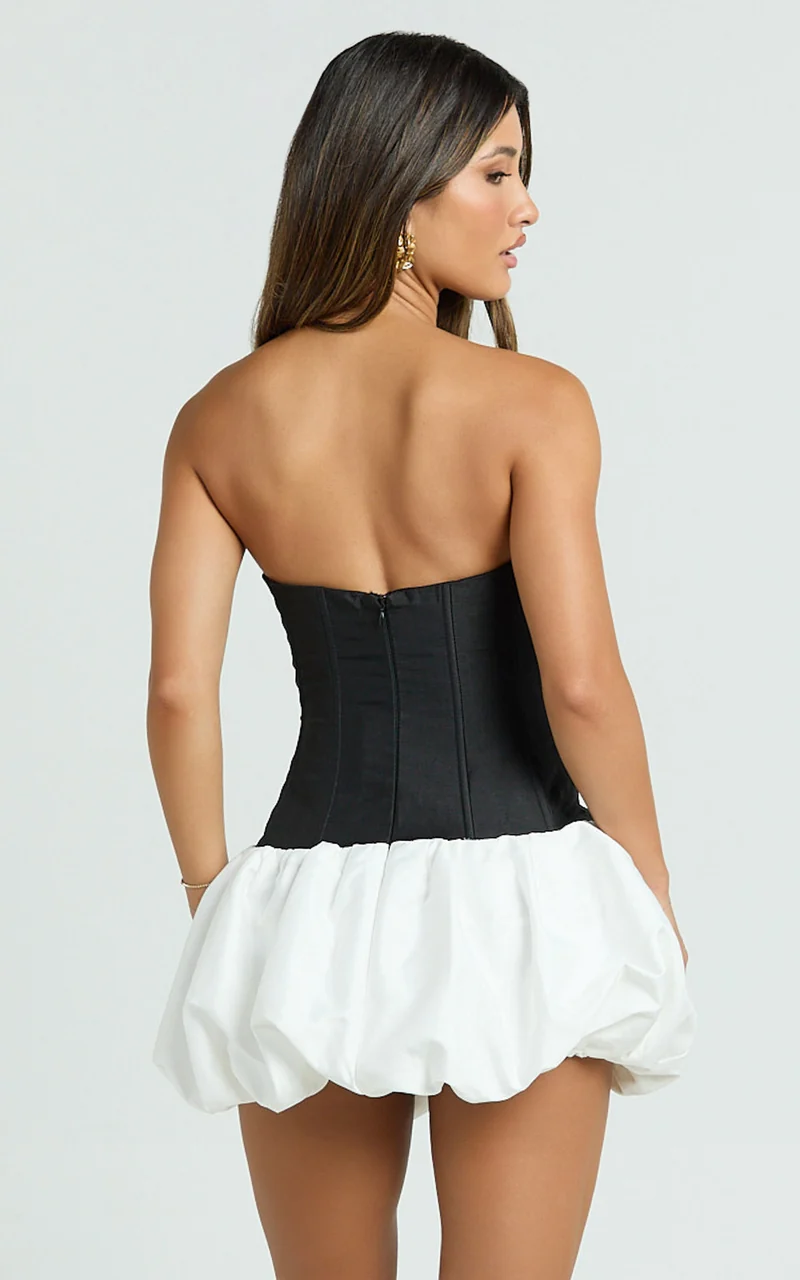 Santana Mini Dress - Strapless Fit And Flare Bubble Hem Dress in Black/White