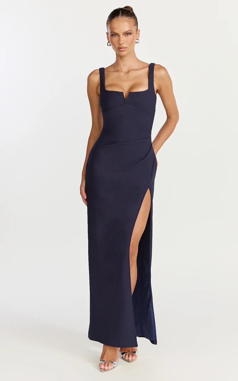 Thelma Maxi Dress - Square Neck Bodycon Dress in Navy