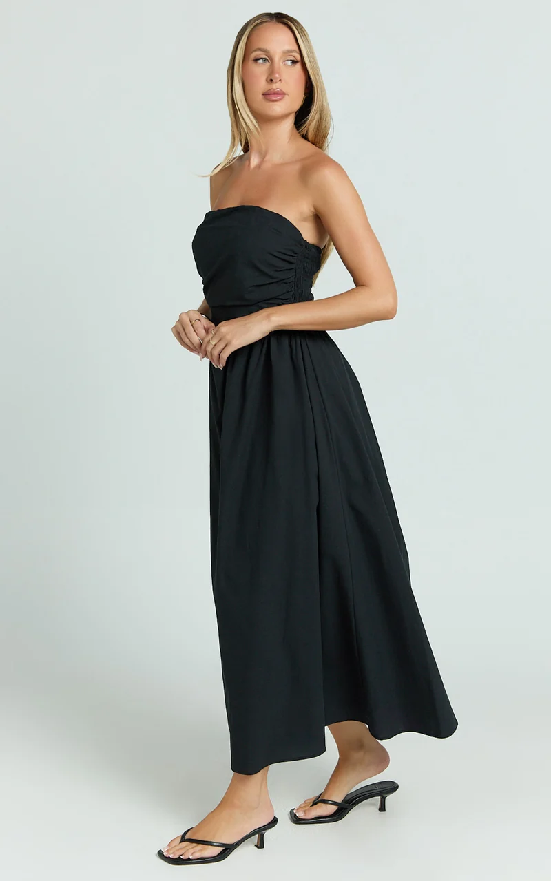 Polly Midi Dress - Strapless Ruched Dress in Black
