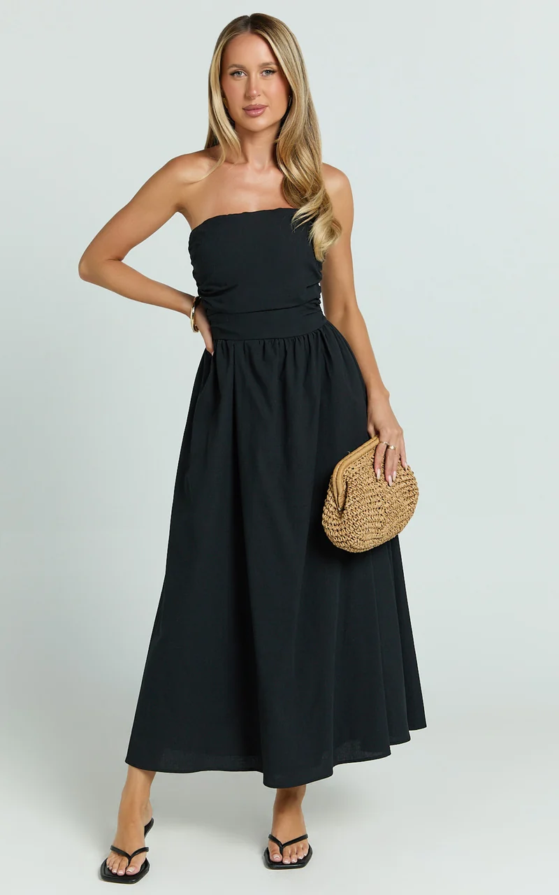 Polly Midi Dress - Strapless Ruched Dress in Black