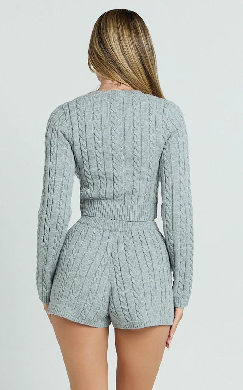 Primrose Shorts - Recycled Cable Knit Mini Shorts in Grey