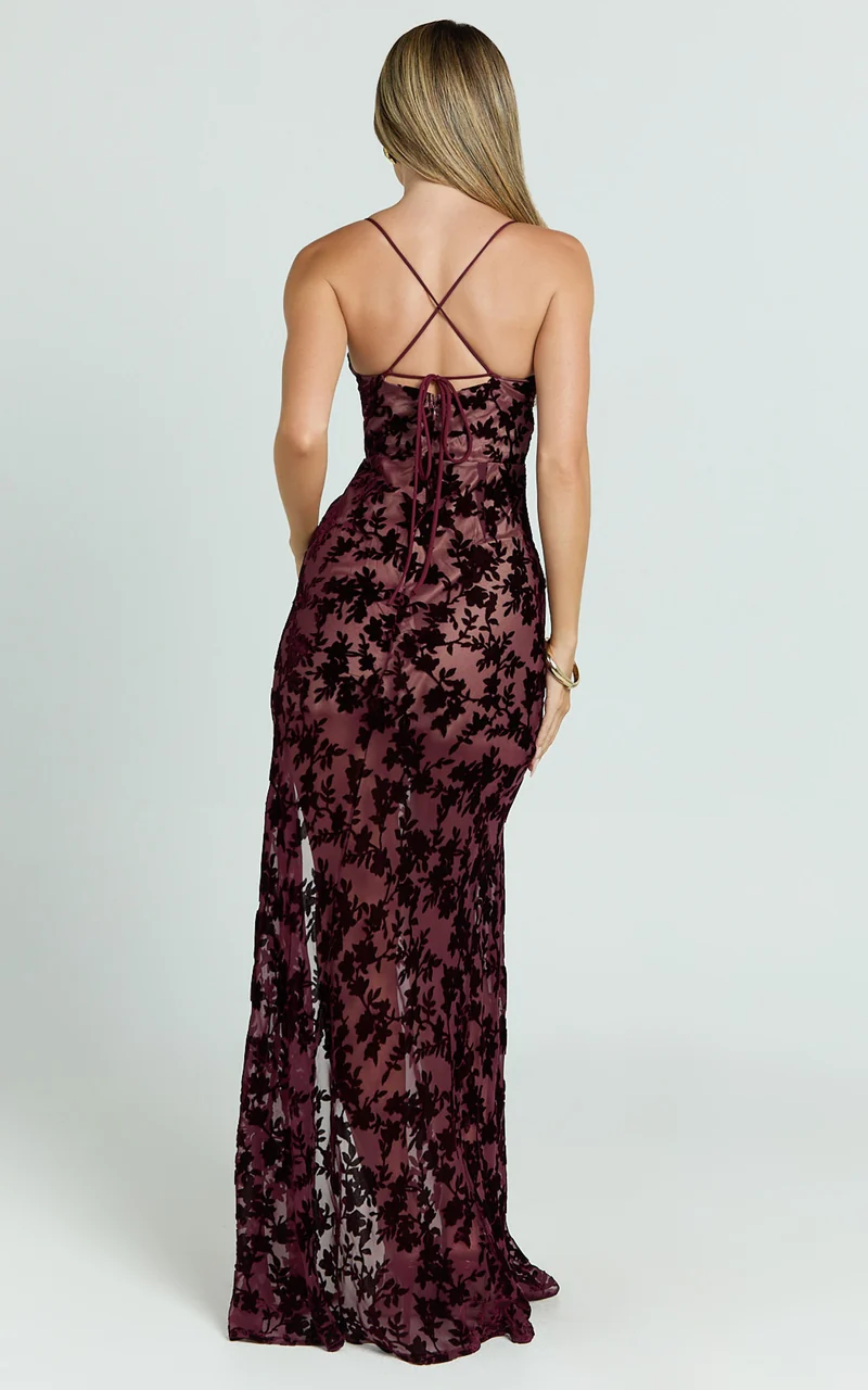 Violeta Maxi Dress - Corset Front Burnout Dress in Wine