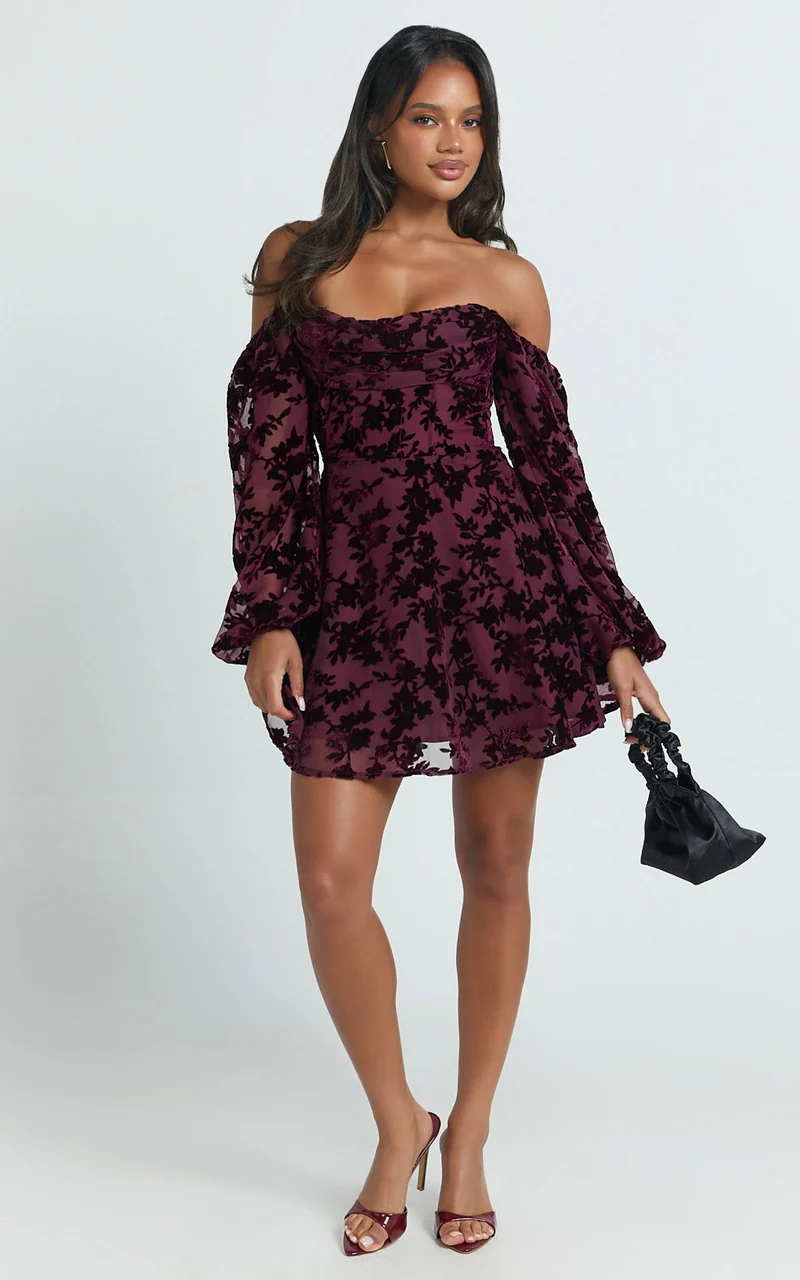 Jessell Mini Dress - Long Sleeve Cowl Corset Dress in Wine Burnout