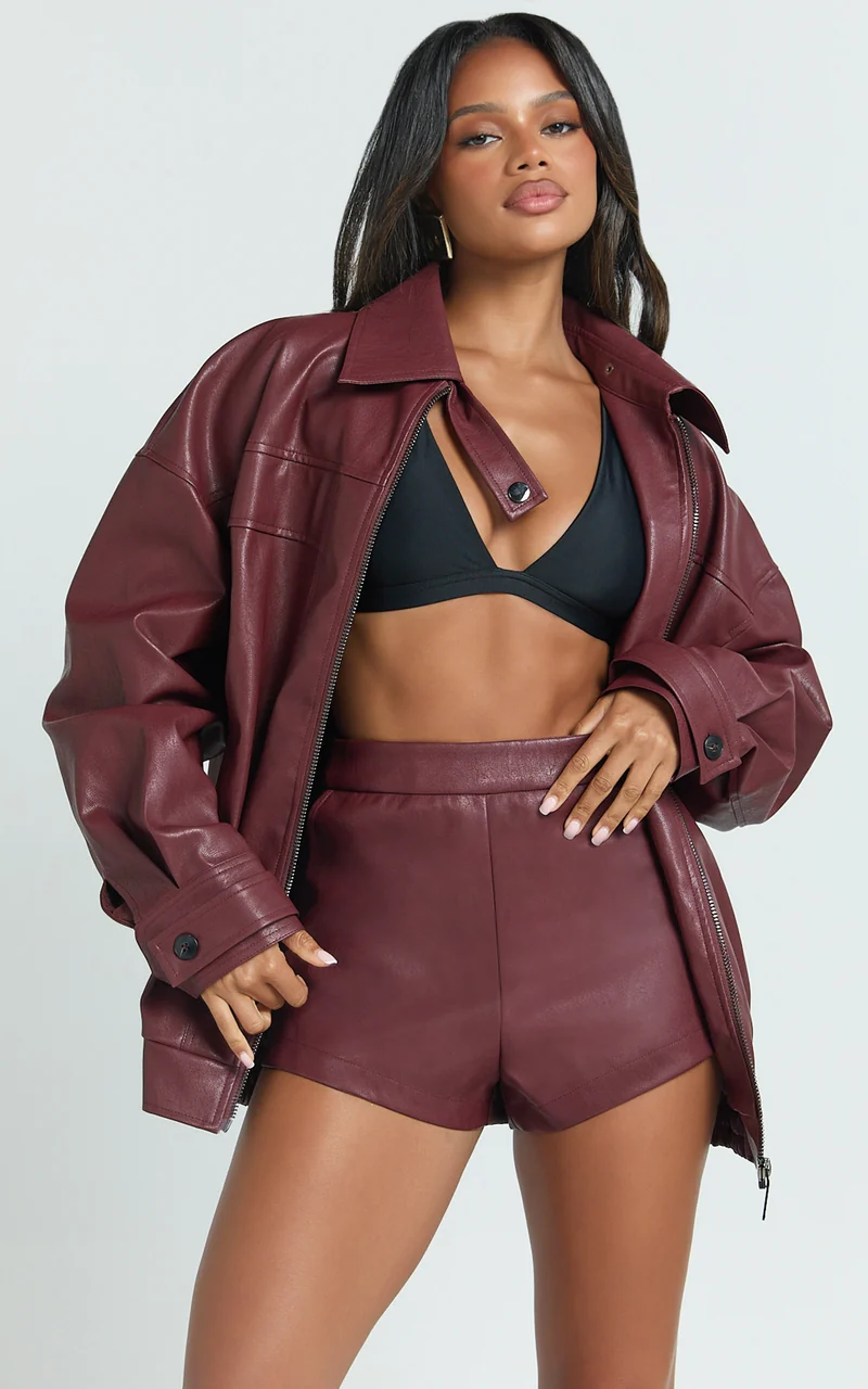 Rosetta Jacket - Oversized Faux Leather Bomber Jacket in Wine