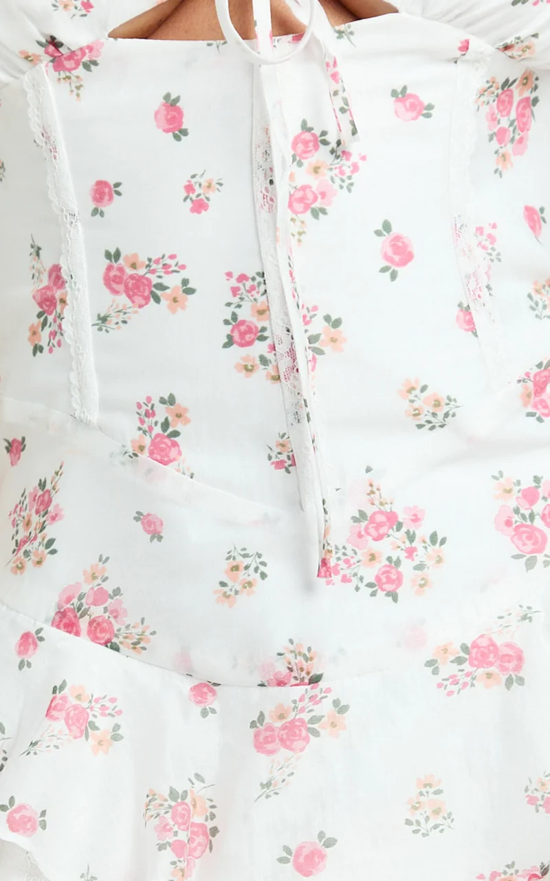 Justine Mini Dress - Strappy Tie Front Corset Waist Ruffle Hem Dress in Romantic Ditsy Print