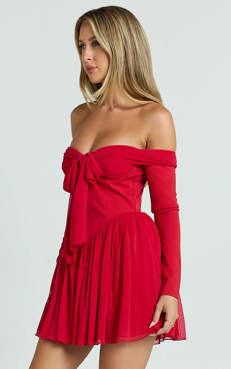 Bennett Mini Dress - Off Shoulder Long Sleeve V Waist Dress in Red