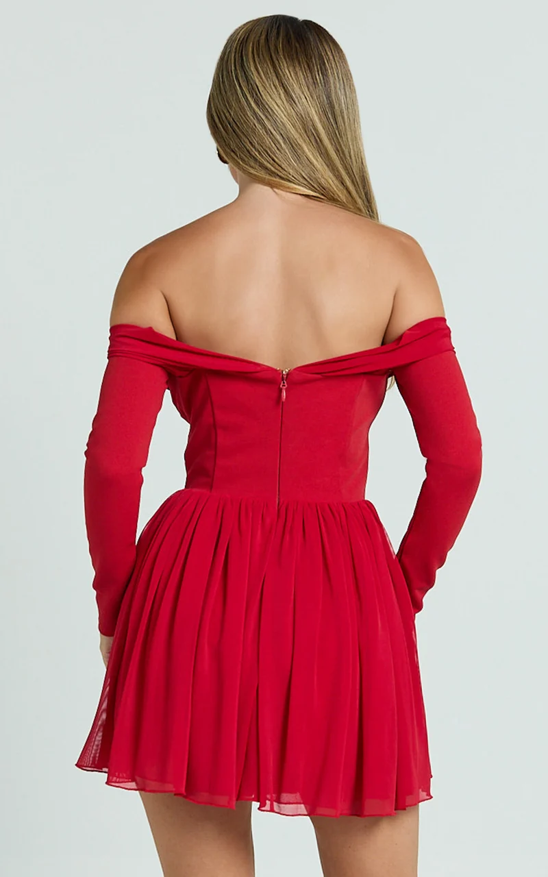 Bennett Mini Dress - Off Shoulder Long Sleeve V Waist Dress in Red