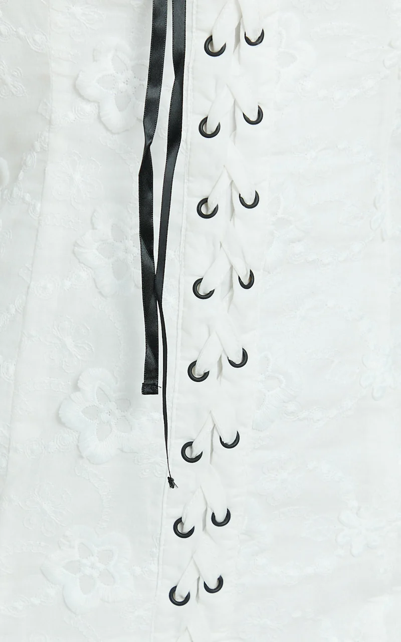 Gisele Mini Dress - Straight Neck Fitted Laced Front Dress in White