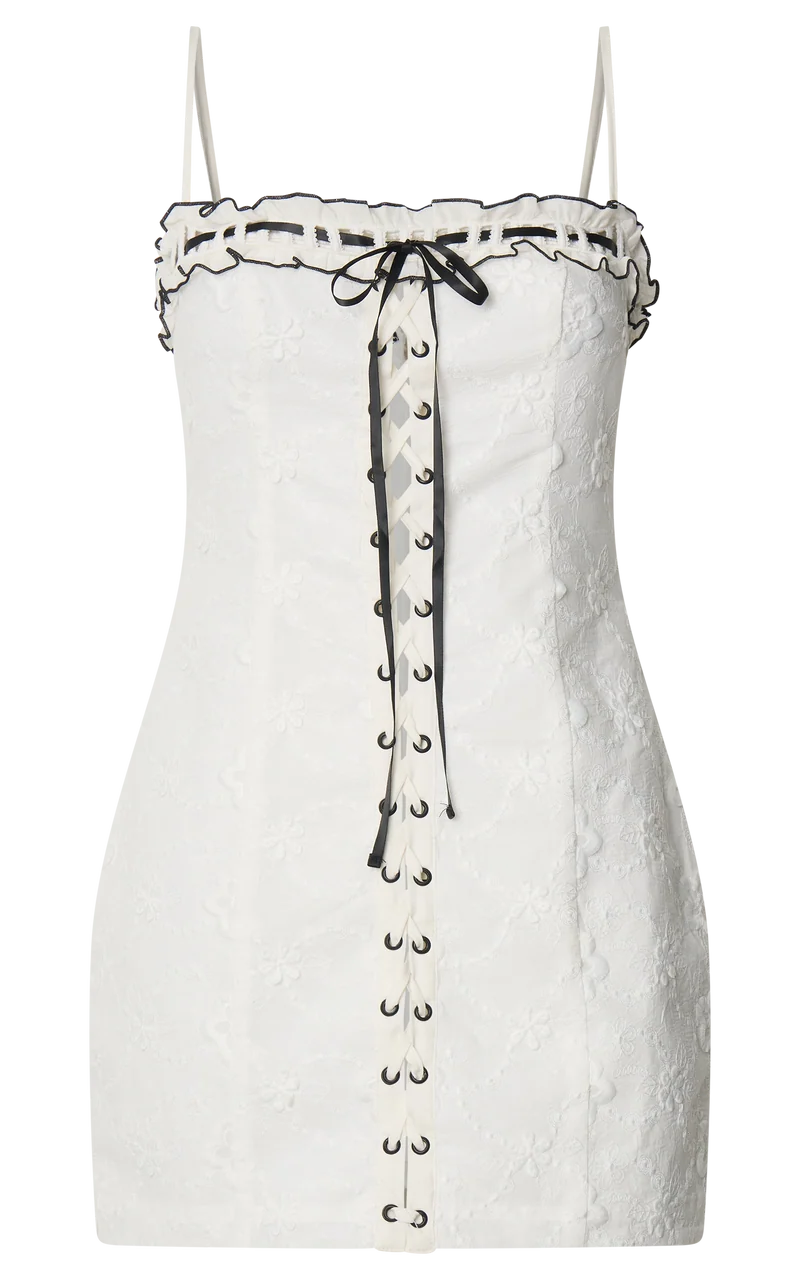 Gisele Mini Dress - Straight Neck Fitted Laced Front Dress in White