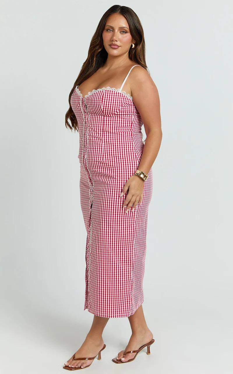 Anessa Midi Dress - Button Front Bustier Fitted Dress in Red Gingham