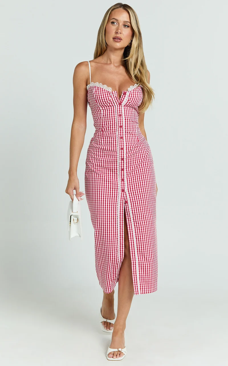 Anessa Midi Dress - Button Front Bustier Fitted Dress in Red Gingham