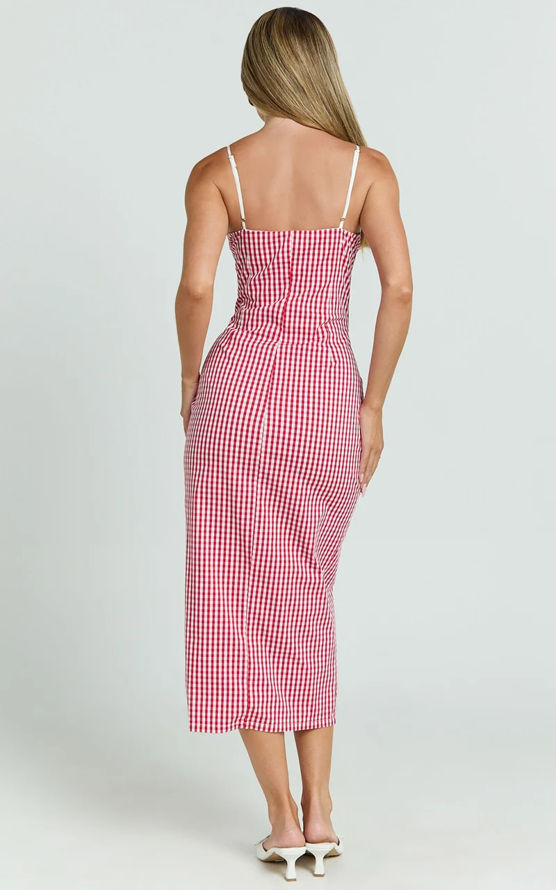 Anessa Midi Dress - Button Front Bustier Fitted Dress in Red Gingham