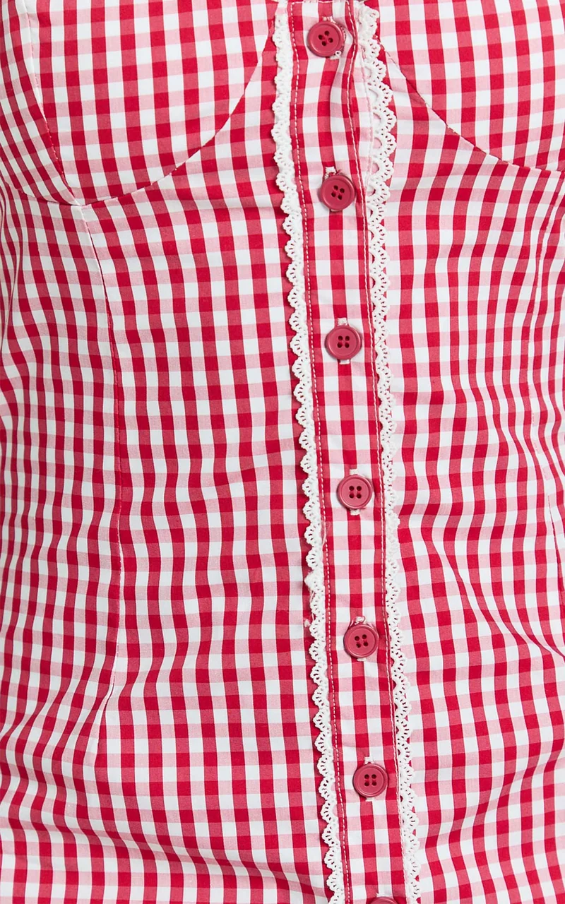 Anessa Midi Dress - Button Front Bustier Fitted Dress in Red Gingham