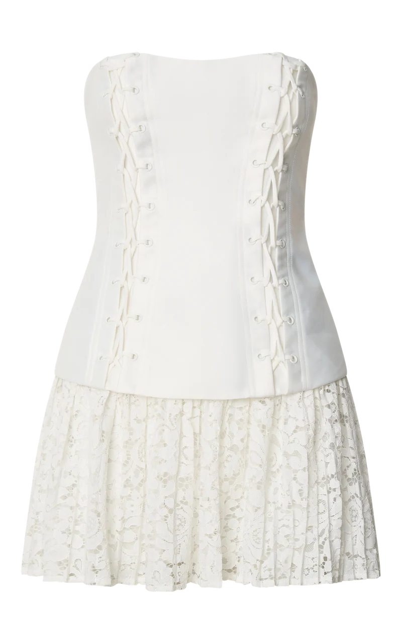 Emerie Mini Dress - Strapless Drop Waist Pleated Dress in Cream