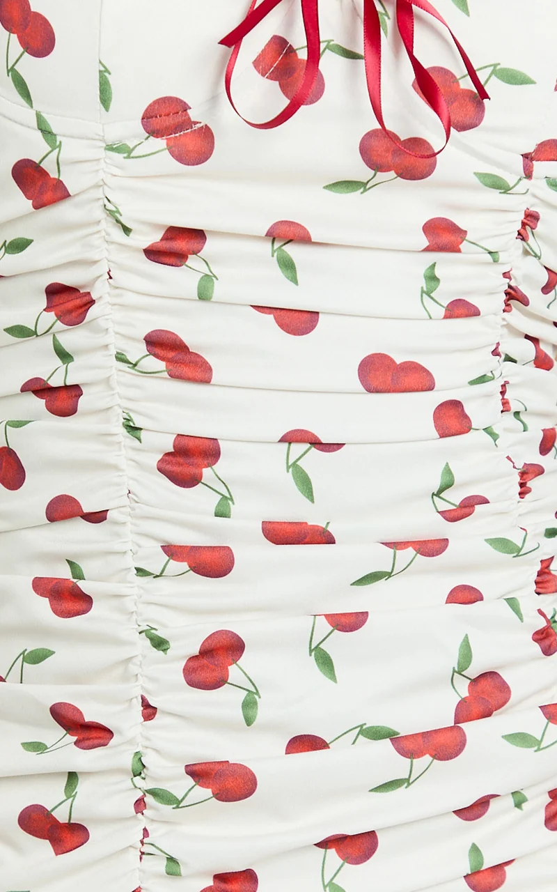 Bailey Mini Dress - Recycled Cherry Print Cap Sleeve Ruched Bust Bodycon Dress in Blushing Cherries Print
