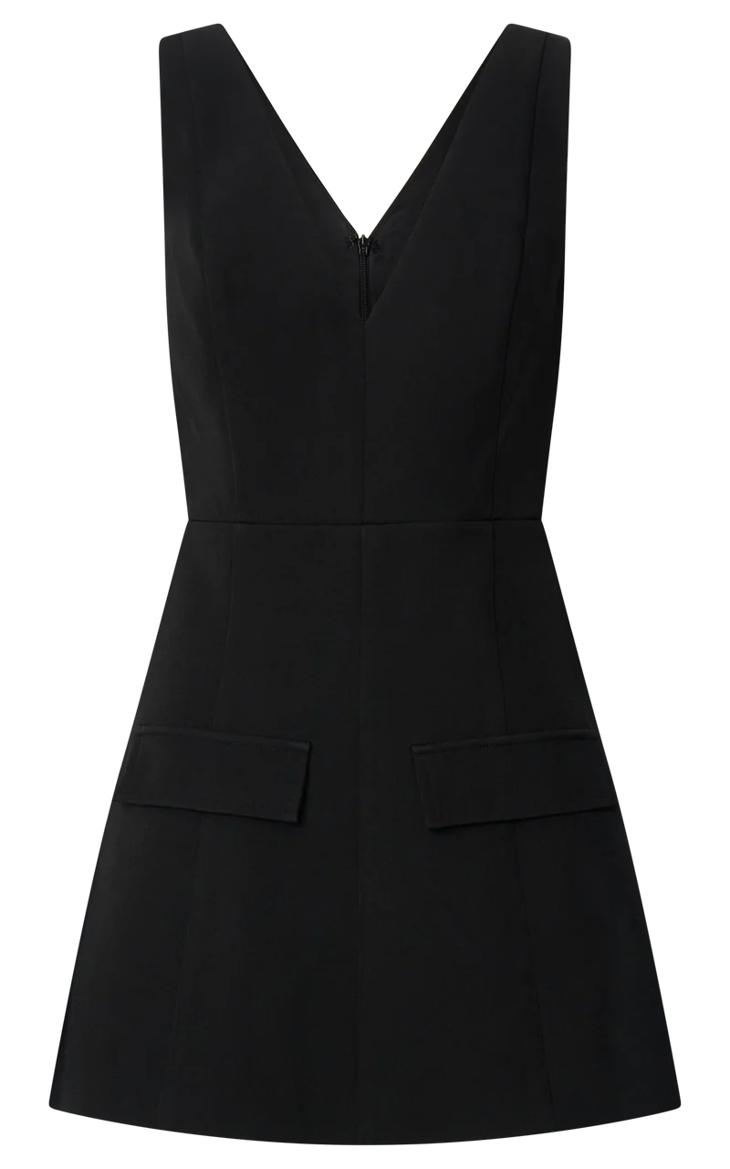 Zareena Mini Dress - V Neck Structured Tulip Pocket Detail Dress in Black