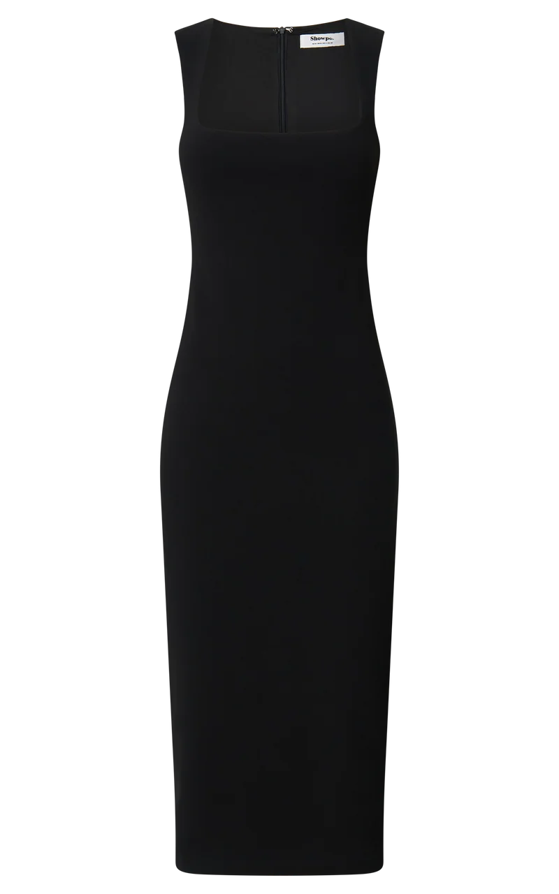 Stella Midi Dress - Square Neck Cap Sleeve Fitted Dress in Black